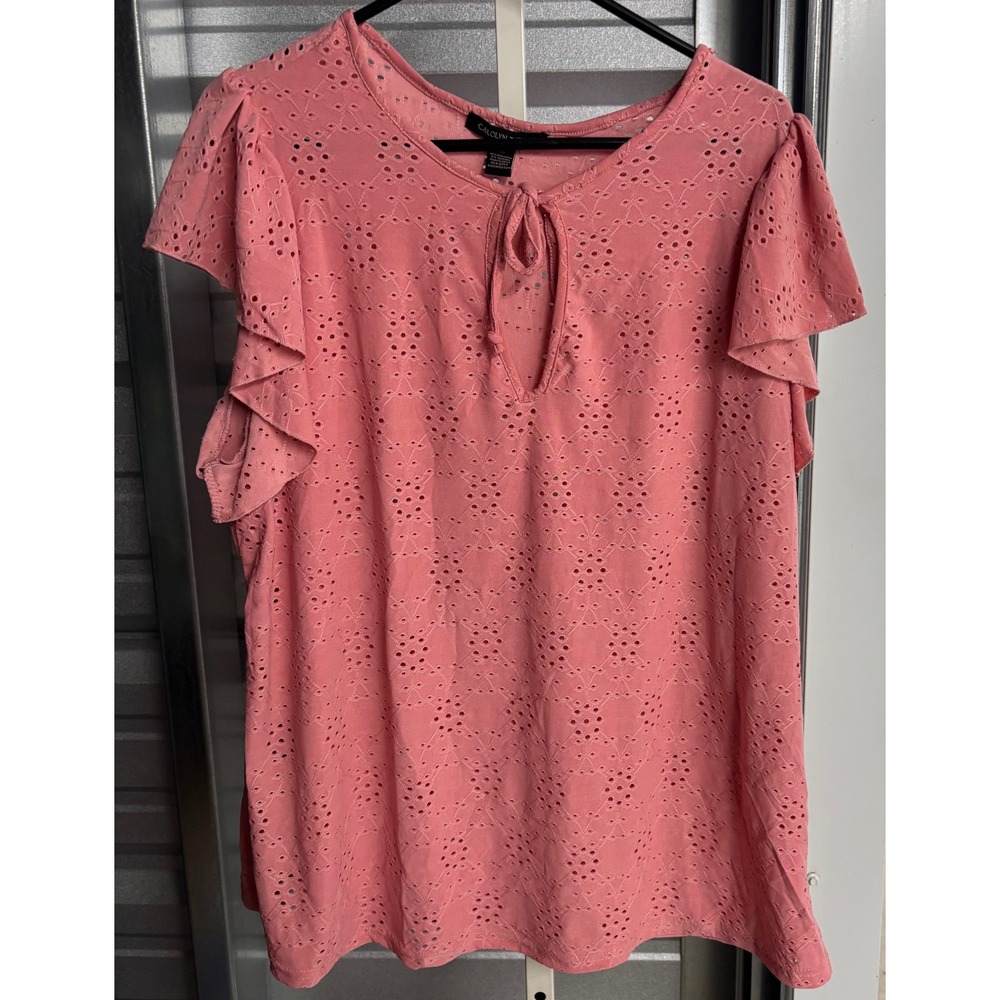 Carolyn Taylor Coral Pink Eyelet Flutter Sleeve Keyhole Tie Blouse 2X